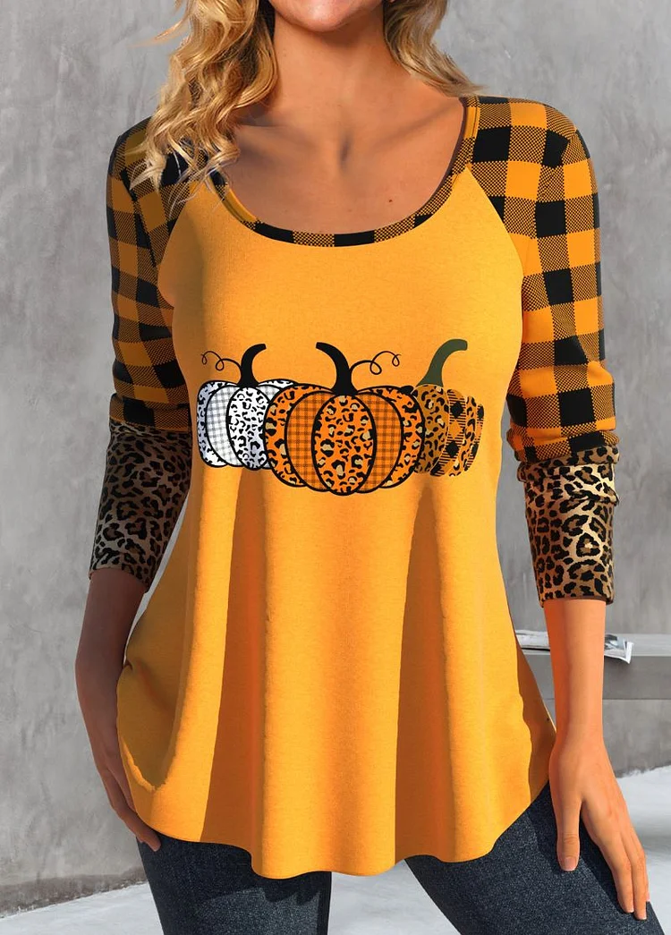 Button Halloween Pumpkin Print Orange Crew Neck Top VangoghDress