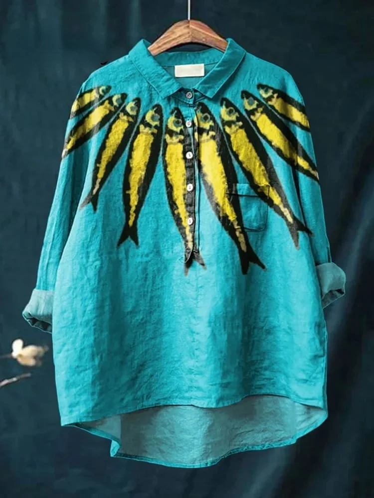 Women's Fish Sardines Print Casual Cotton And Linen Shirt