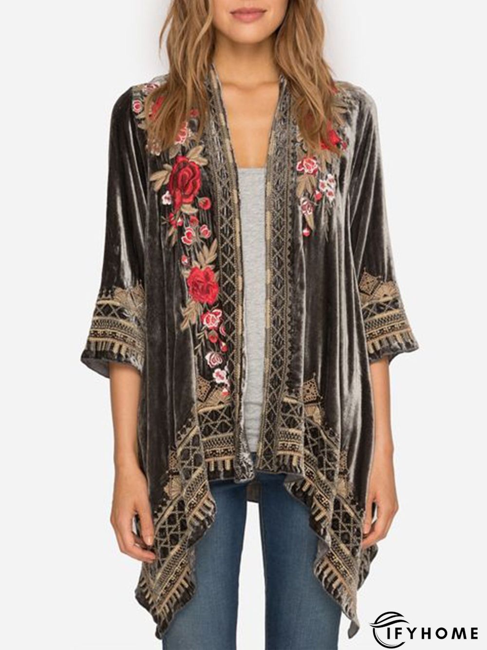 Black 3/4 Sleeve Coral Velvet Floral Shift Cardigan | IFYHOME