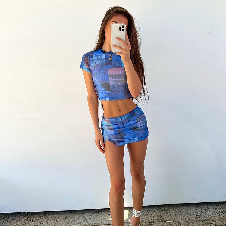 Blue Coordinate printing slim sexy skirt Co-ord
