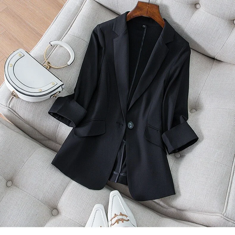 Jangj Female Long Sleeve Korean Fashion Office Blazer Coats Women Solid Color Linen Tops Fashion Clothes