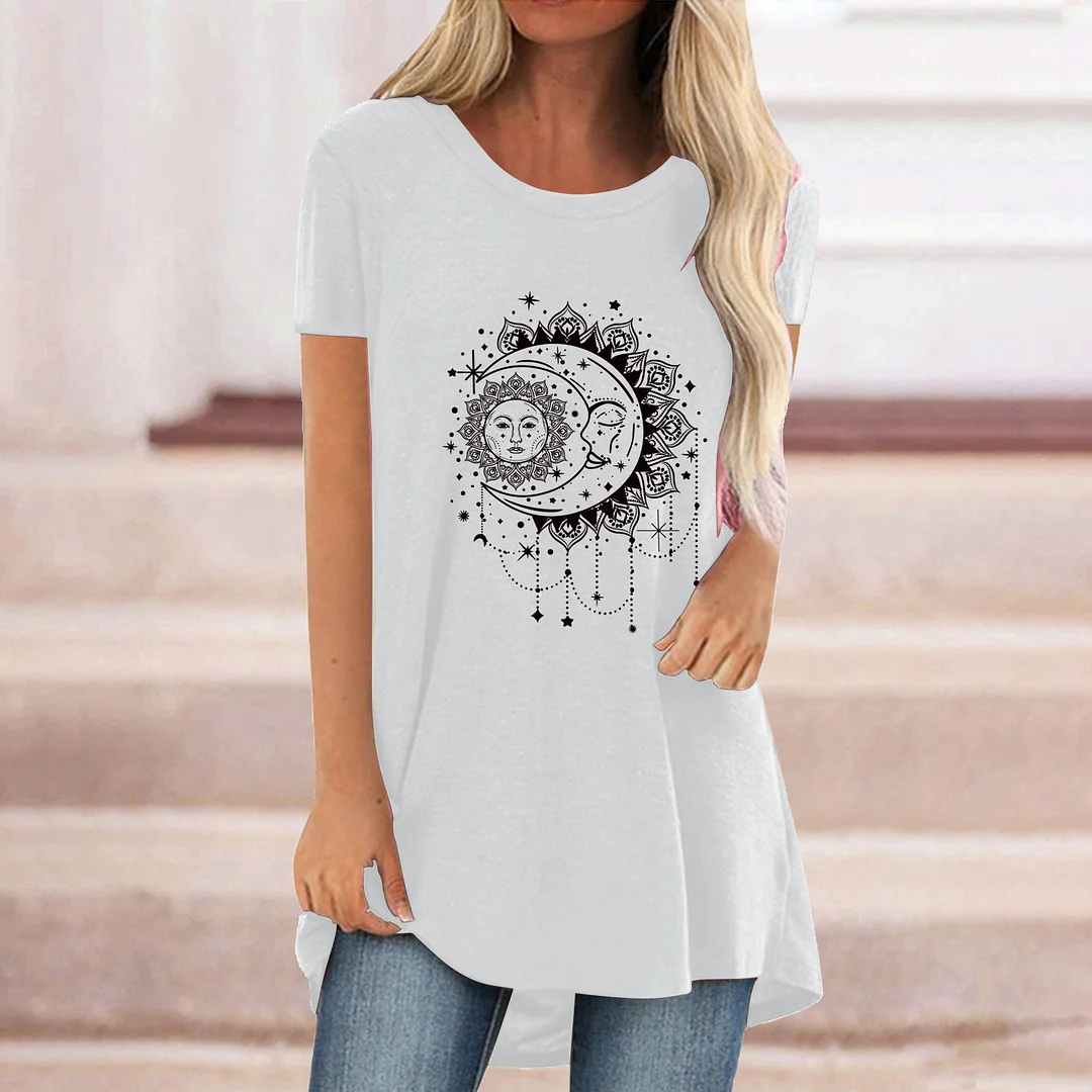 Women's Casual Sun And Moon Print T-shirt