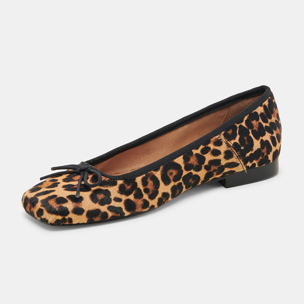 Brown Leopard Printed Square Toe Ballet Flats with Bow Strap Nicepairs