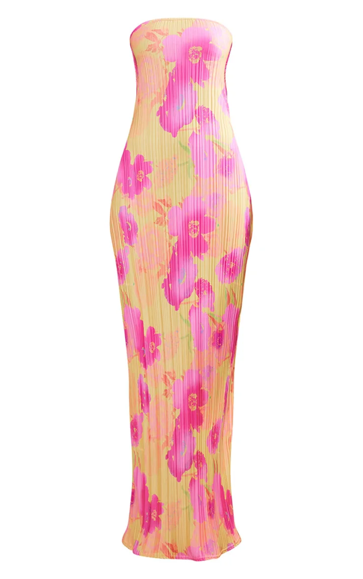 Tube Top Printed Pleated Slim-fit Slimming Bow Dress