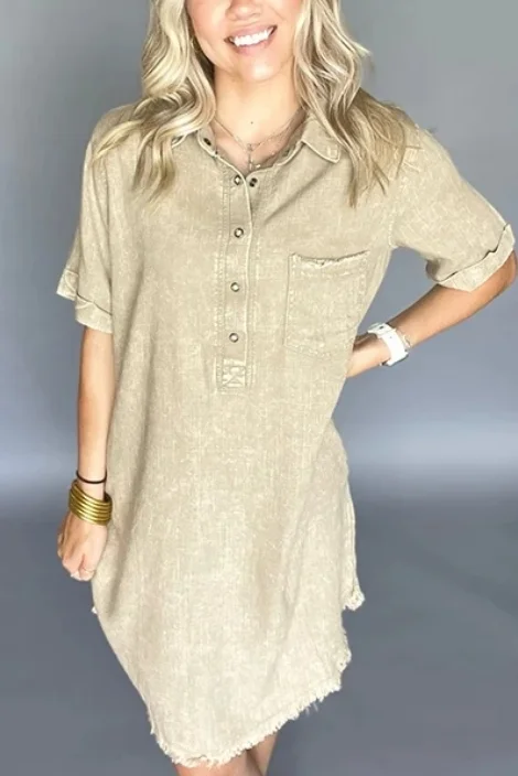 Washed Raw Edge Short Sleeve Mini Dress