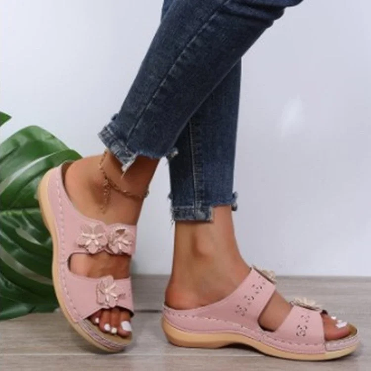 Floral Open Toe Wedge Slippers