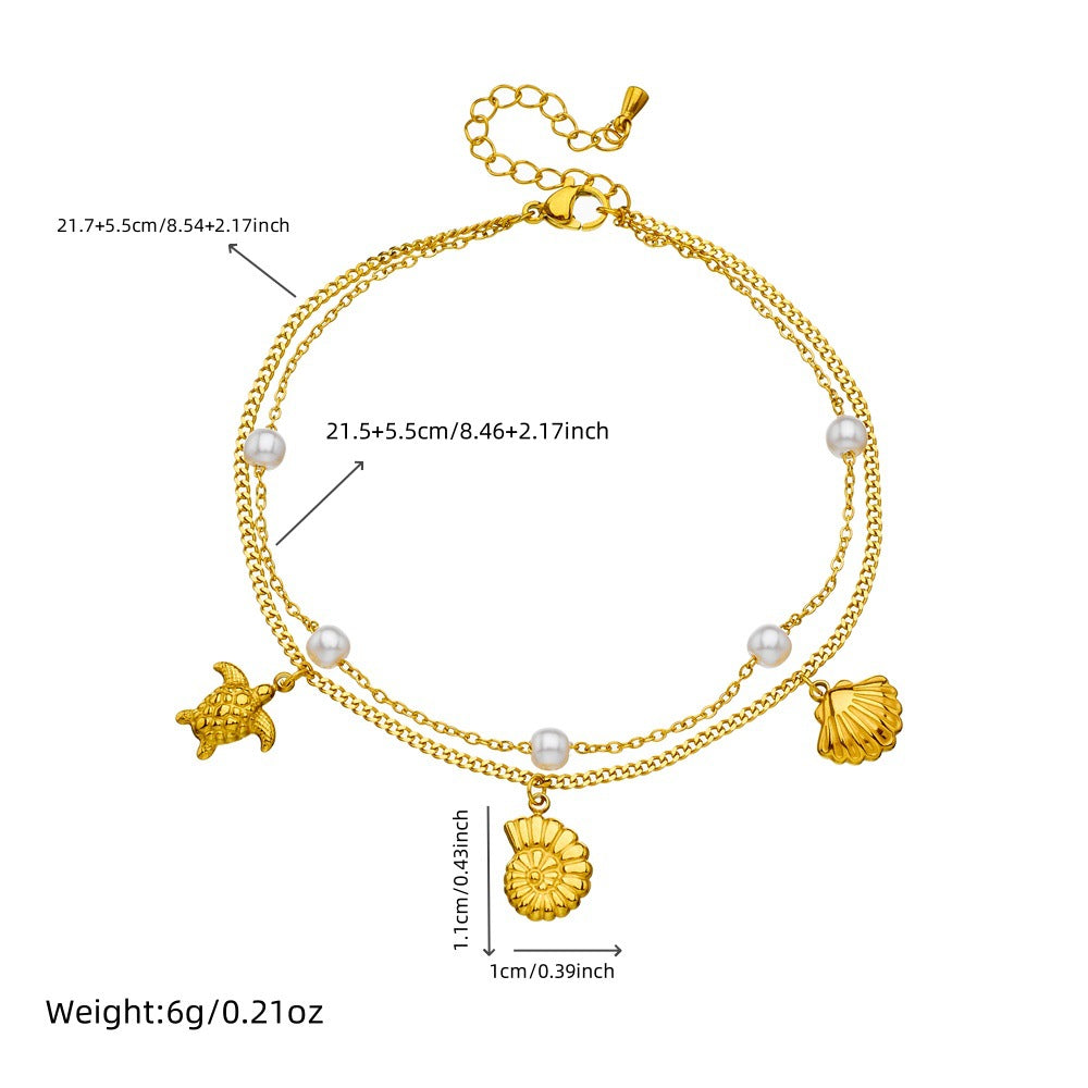 Fashionable And Simple Colorful Fine Glitter Shell Butterfly Double Layered Beach Style Stainless Steel Chain Pearl Starfish Anklet