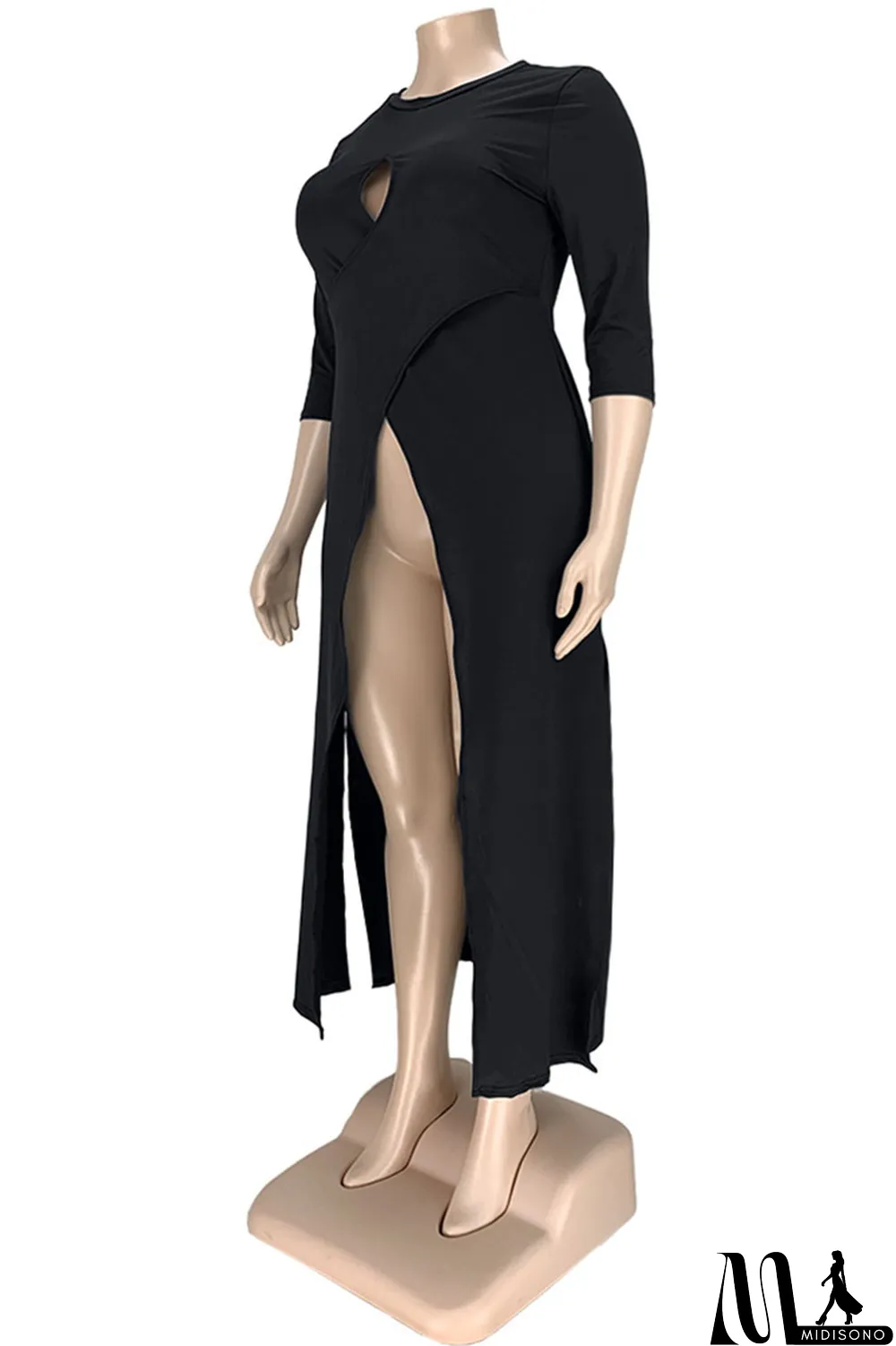 MidiSono - Army Green Sexy Solid Hollowed Out Slit O Neck Plus Size