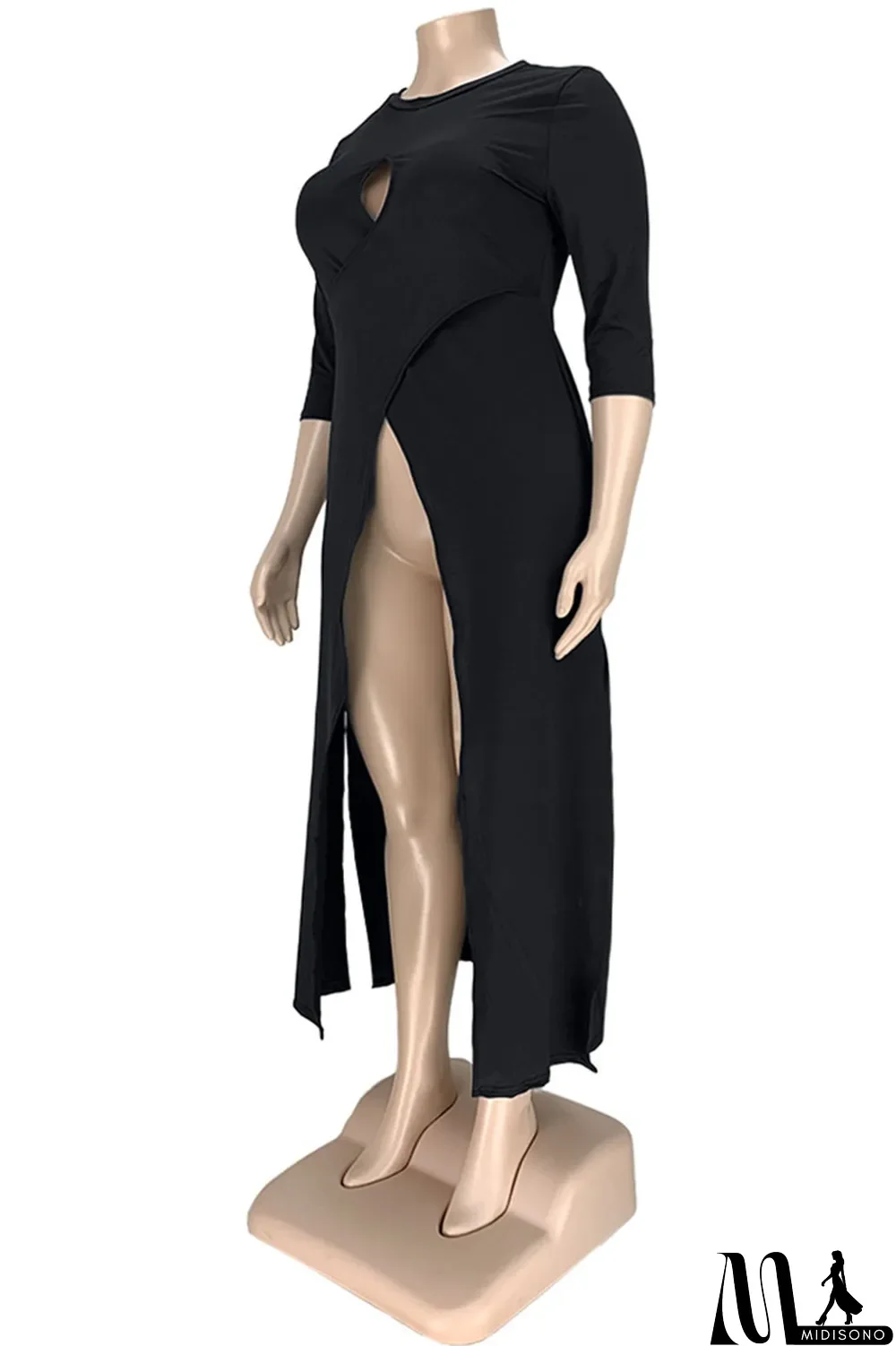 MidiSono - Army Green Sexy Solid Hollowed Out Slit O Neck Plus Size