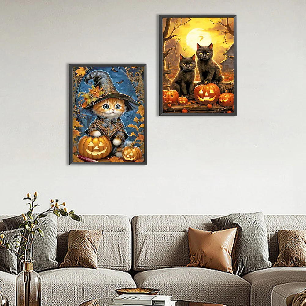 2pcs Diamond Painting - Full Round Drill - Halloween Pumpkin Cat(Canvas|30*40cm)