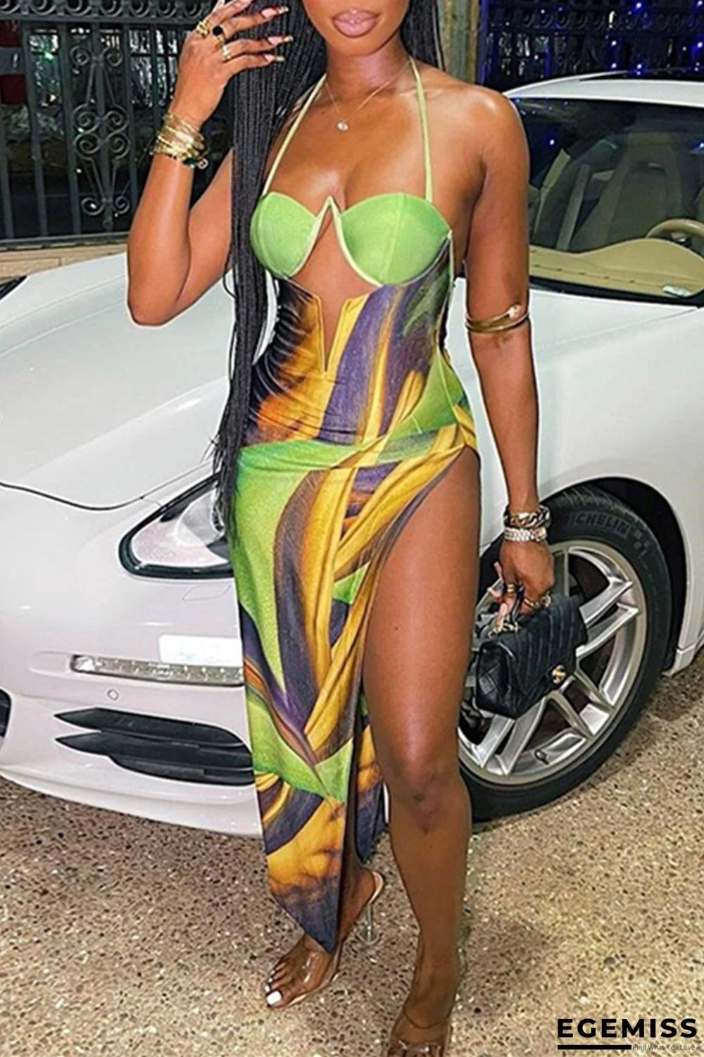 Green Fashion Sexy Print Hollowed Out Backless Slit Halter Sleeveless Dress | EGEMISS
