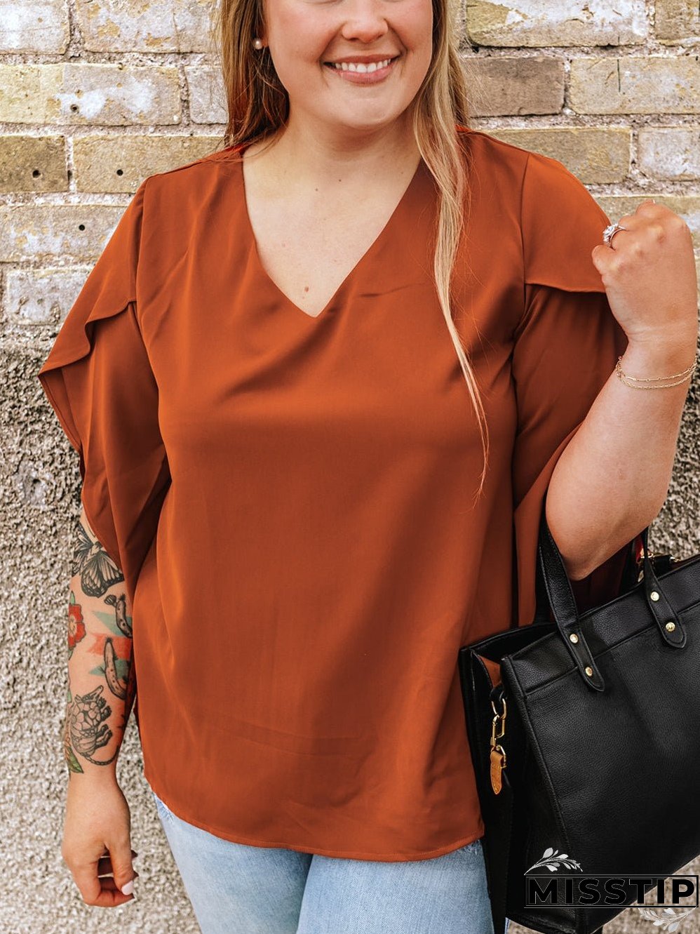 Golden Flame Wrap Sleeve V-Neck Plus Size Blouse