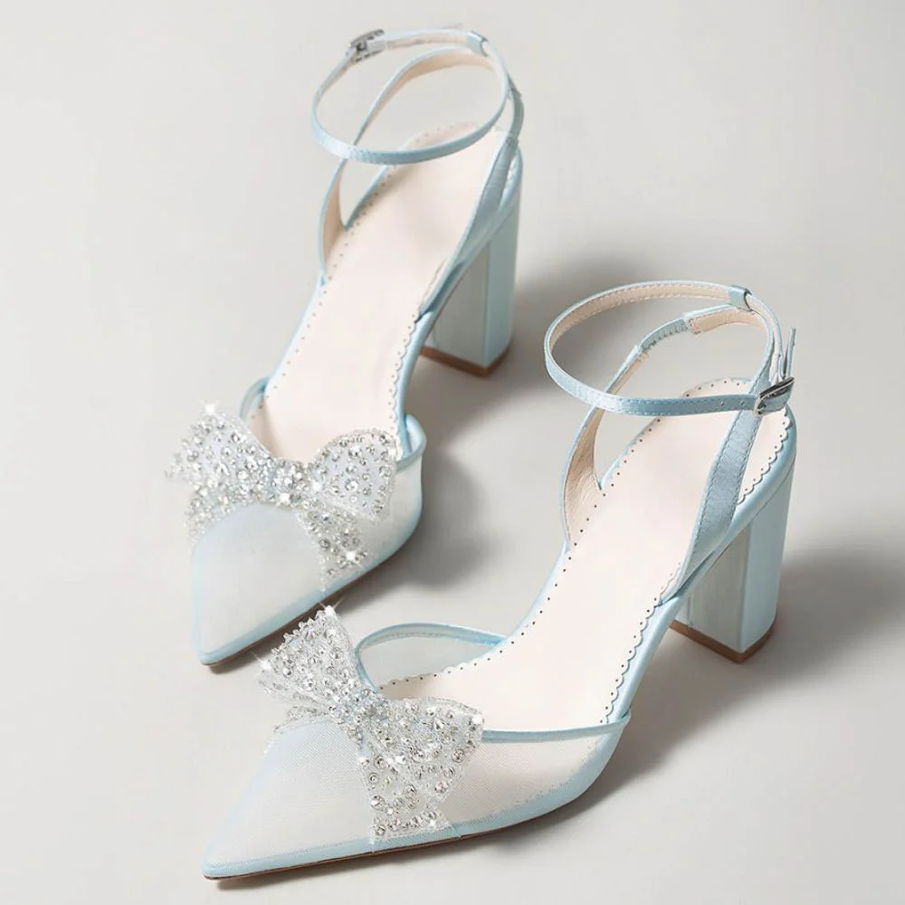 Light Blue Mesh Chunky Heel Pointed Toe Rhinestone Bow Wedding Shoes