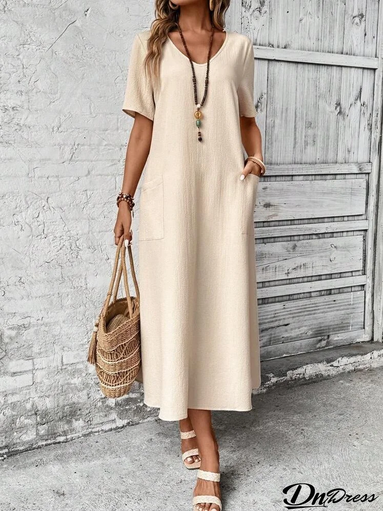 Women's Solid Color V-Neck Pocket Long Casual Summer Dress