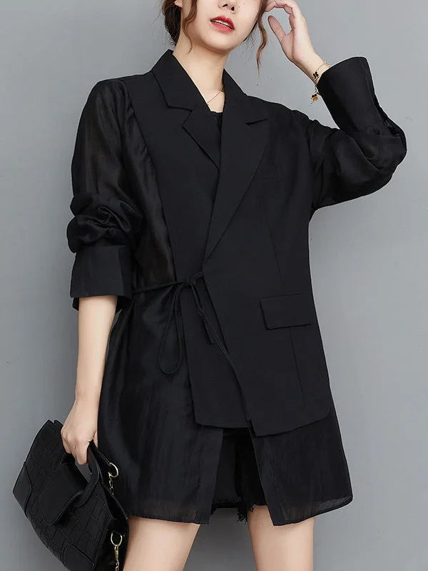 Urban White Notched Collar Buttoned Pockets Tulle Long Sleeve Fake Two Pieces Sun Protection Blazer