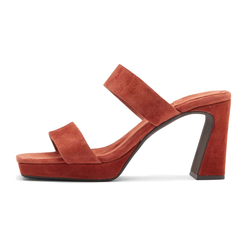Rust Vegan Suede Square Toe Platform Heel Mule Shoes for Women