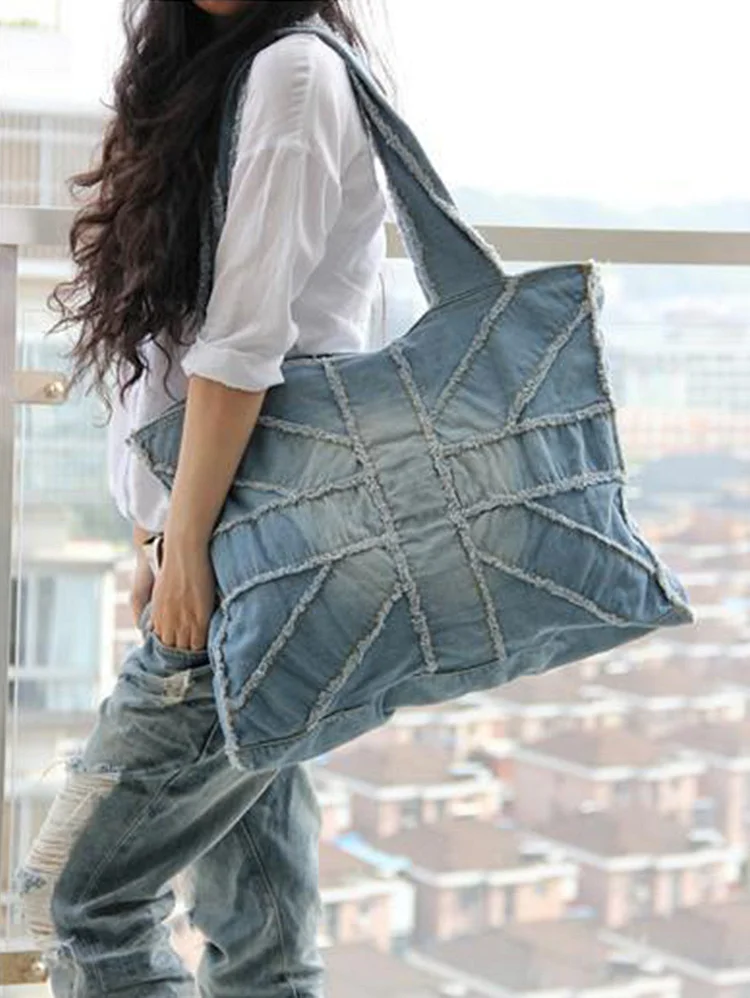 Fashion Light Washed Denim Large Capacity Zipper Shoulder Bag