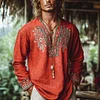 Men's Bohemian Holiday Style Vintage Linen Printed Casual Long Sleeve Top by Inlyline