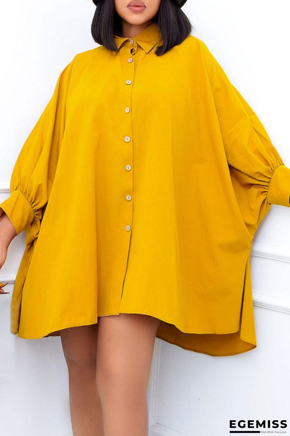 Yellow Casual Solid Patchwork Buckle Turndown Collar Shirt Dress Dresses | EGEMISS