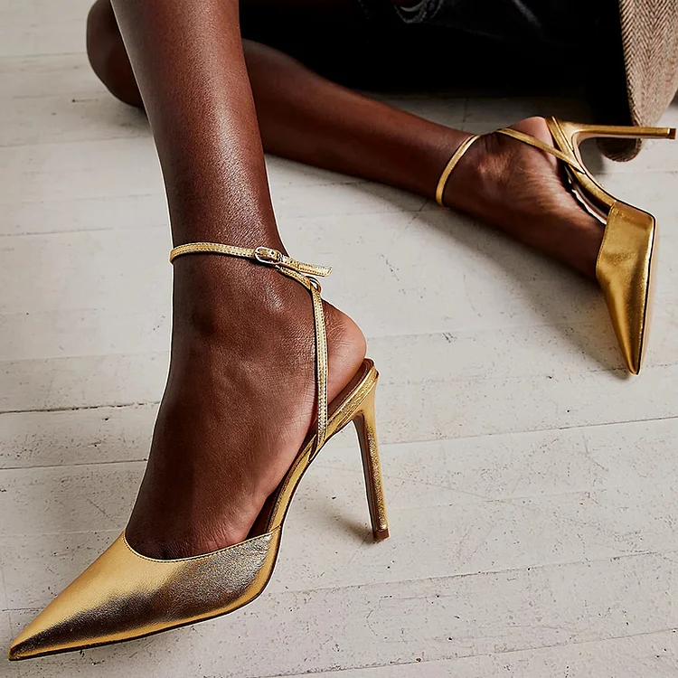 Golden Pointed Toe Pumps Stiletto Heels Ankle Strap Slingback Shoes |FSJ Shoes