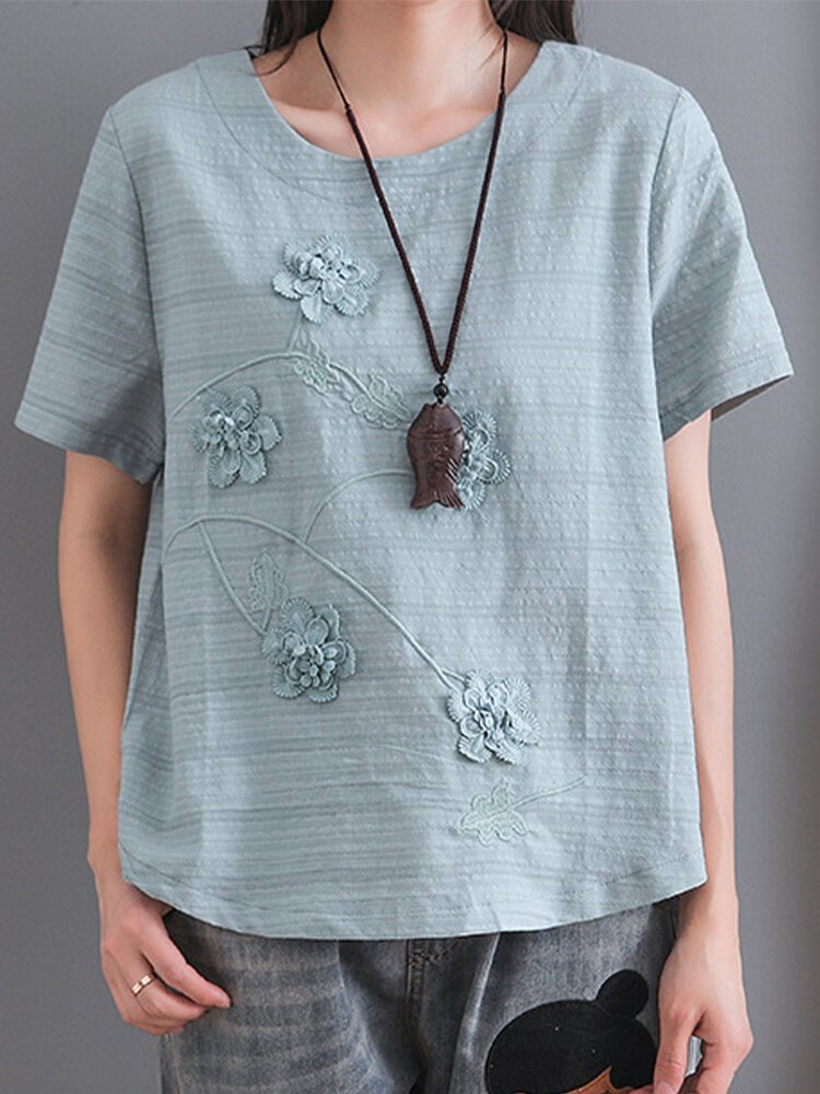Flower Embroidery Short Sleeve O neck T Shirt For Women P1678230