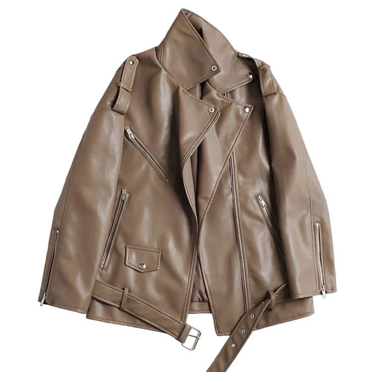 Loose Casual Drop-shoulder Faux Leather Jacket