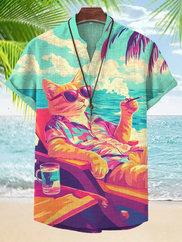 Men's Cat Smoking Vacation Art Print V Neck T-Shirt