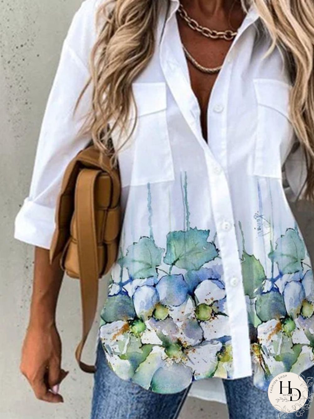 Printed Shirt Collar Holiday Long Sleeve Blouse