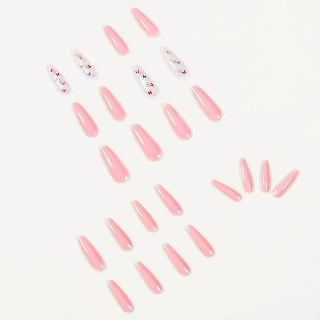 24pcs Pink Butterfly Pattern Fake Nails Full cover Fake Nails Glue DIY Manicure Nail Art Tools-Nail Inspo