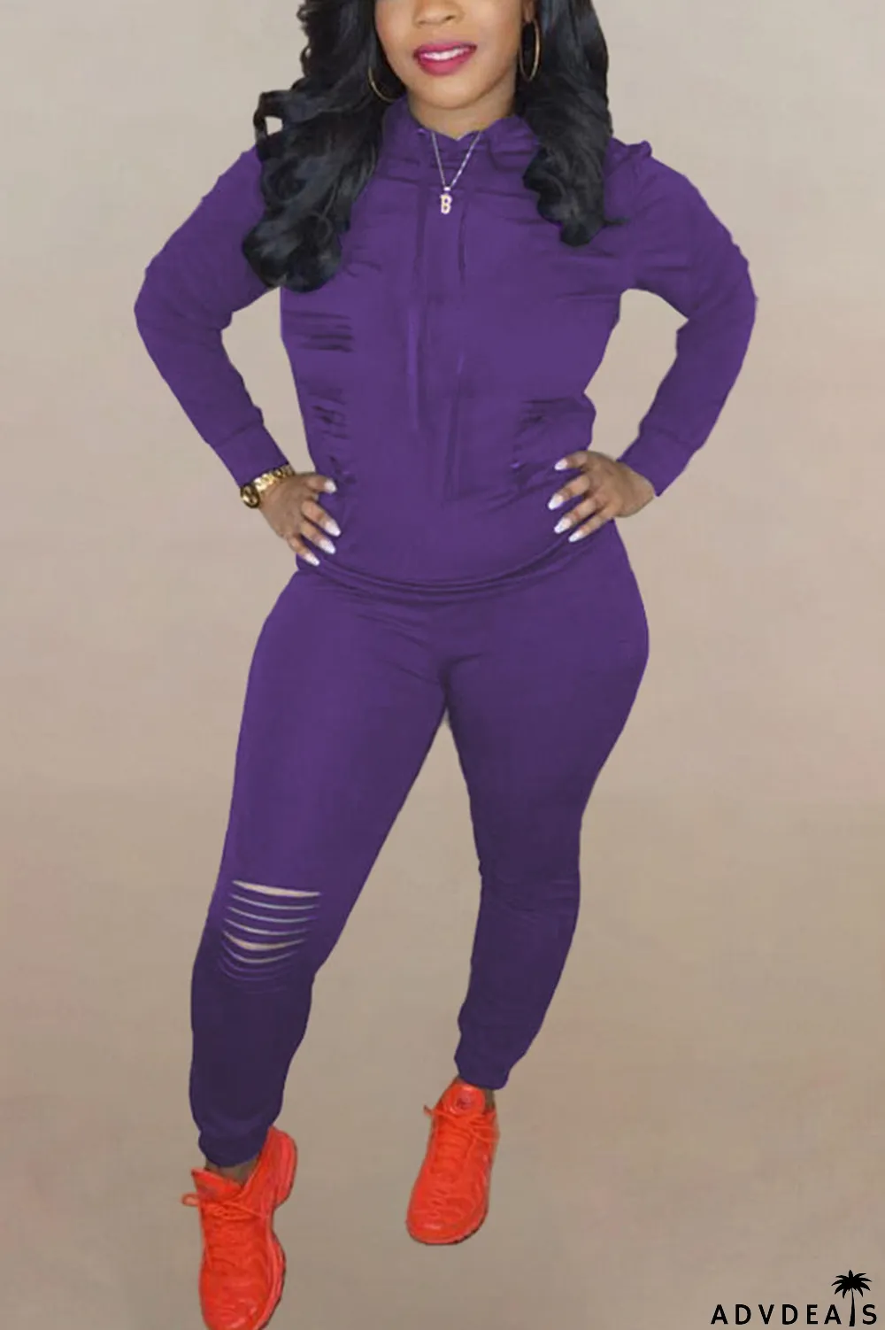 Brown Fashion Solid Ripped Hooded Collar Long Sleeve Two Pieces