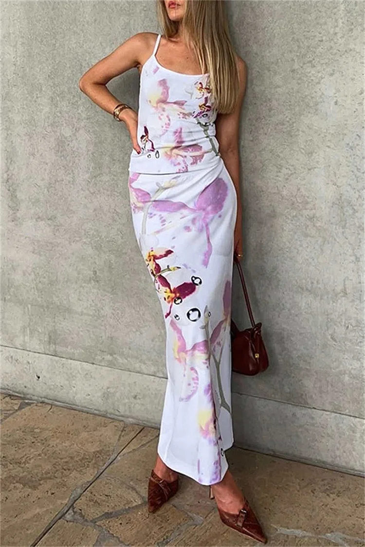 Sexy Casual Print Backless Spaghetti Strap Sleeveless Two Pieces