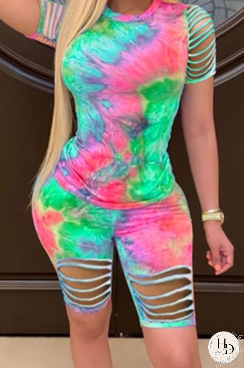 purple Polyester Fashion Casual O Neck Tie Dye Plus Size