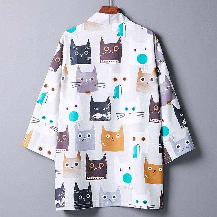 Cartoon Cat Print Vintage Kimono Outerwear - Modakawa modakawa