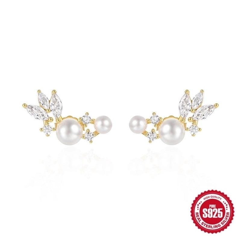 1 Pair 925 Sterling Silver Pearl Zircon Geometric Ear Studs