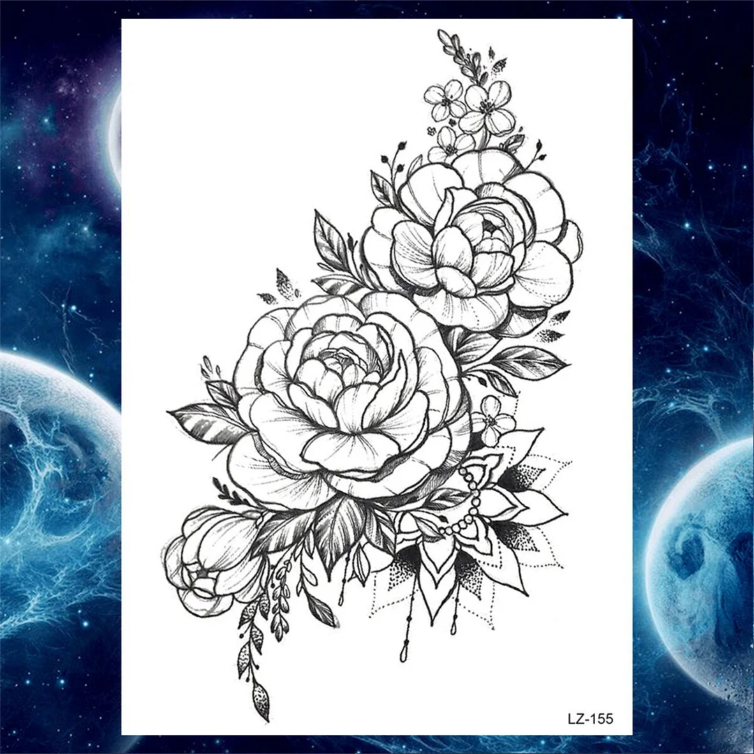 Moon Peony Flower Temporary Tattoos For Women Adults Girls Rose Tattoo Sticker Fake Crescent Black Water Transfer Tatoos Thigh