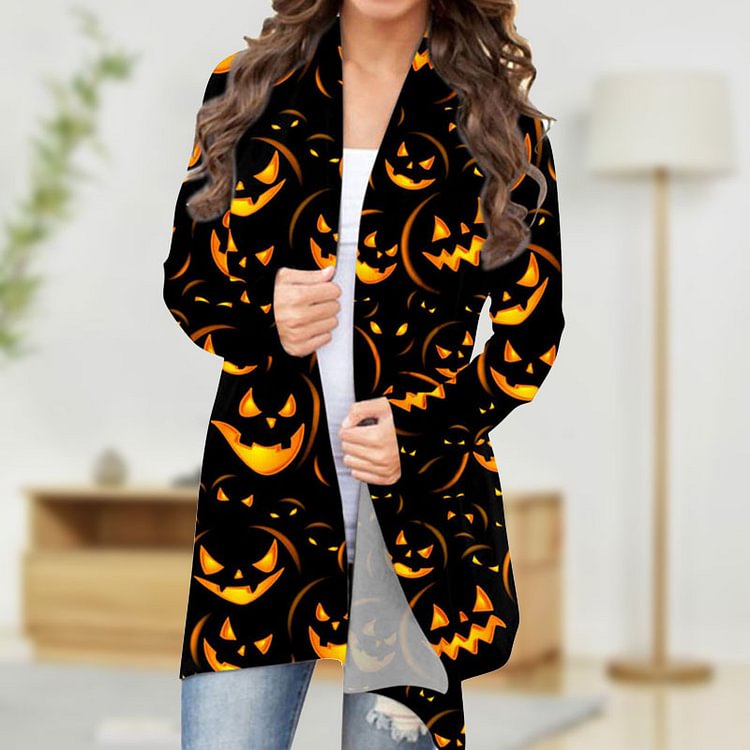 Evil Smiley Pumpkin Lantern Women Cardigan Coat