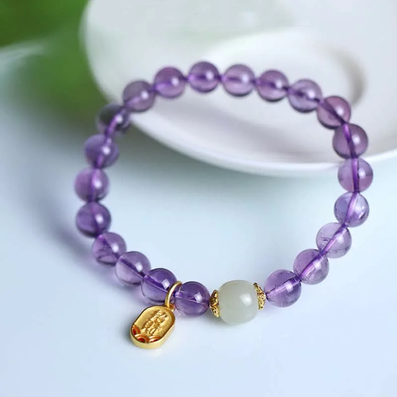 Natural Amethyst Crystal Hetian Jade Healing Charm Bracelet