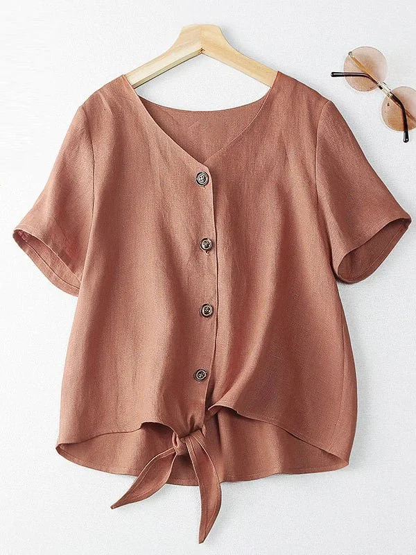 Solid Color V Neck Short Sleeve Buttoned Casual Linen Shirt Top