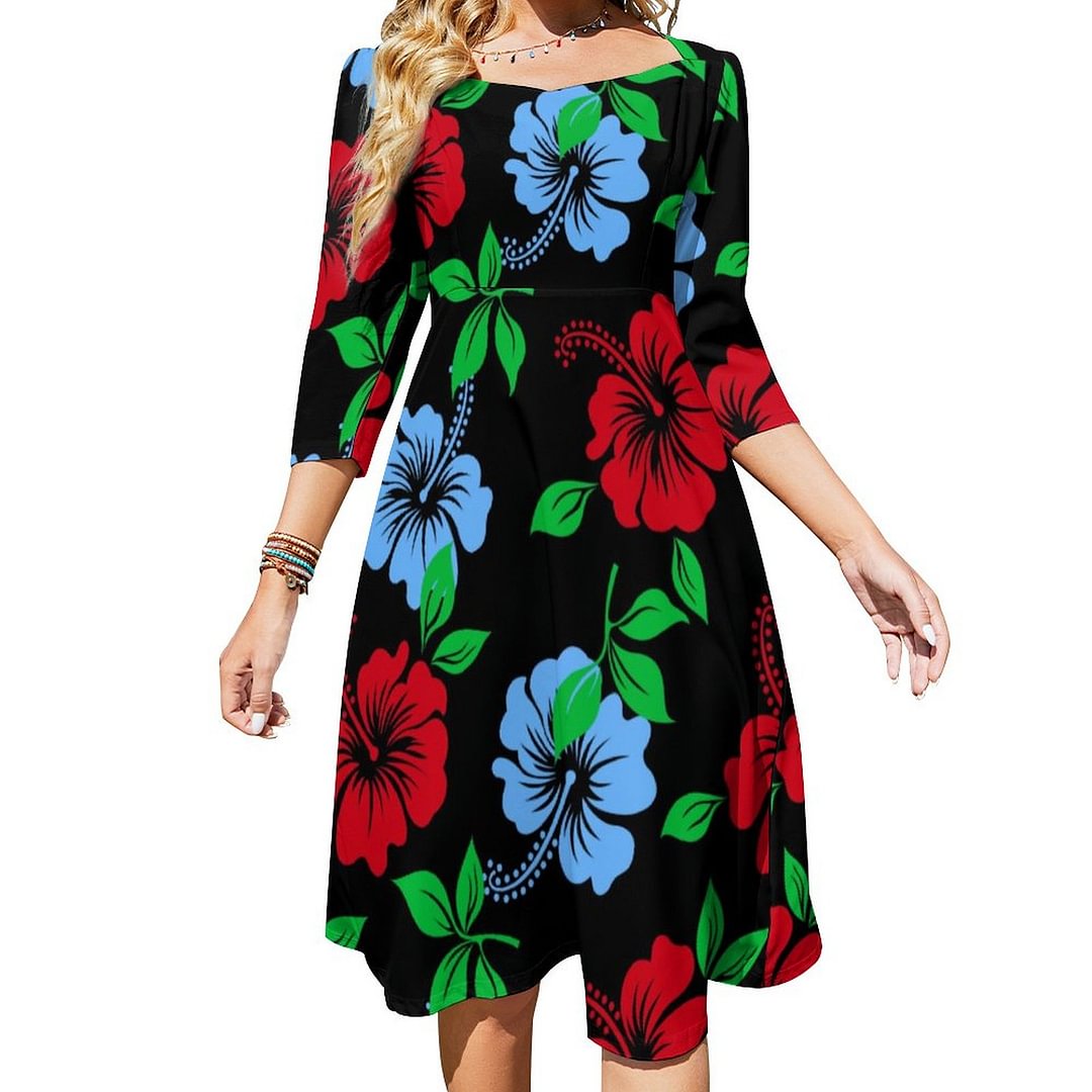 Elegant Blue And Red Tropical Floral Pattern Dress Sweetheart Tie Back Flared 3/4 Sleeve Midi Dresses