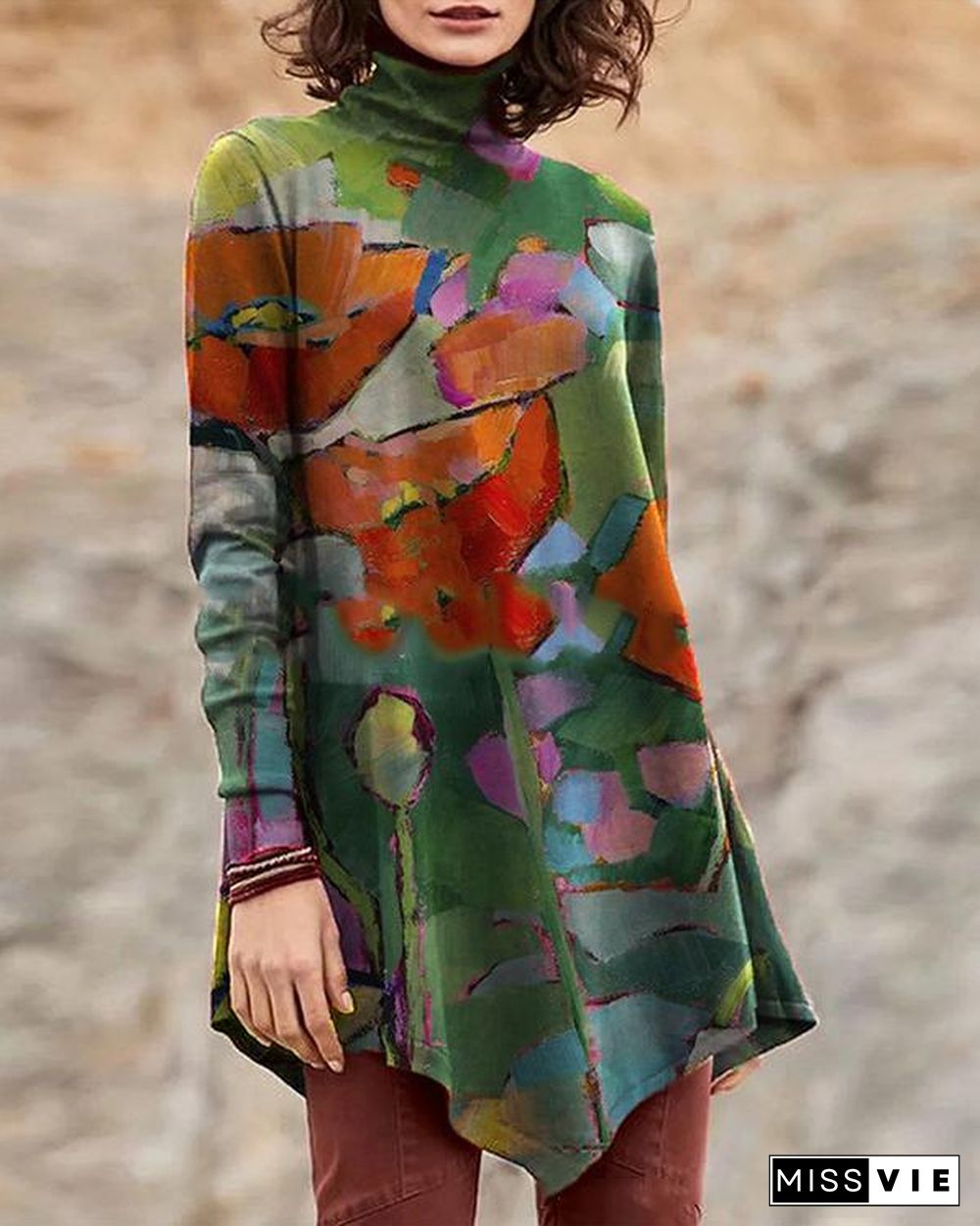 Vintage High Neck Oil Painting Print Irregular Long T-shirt for Women