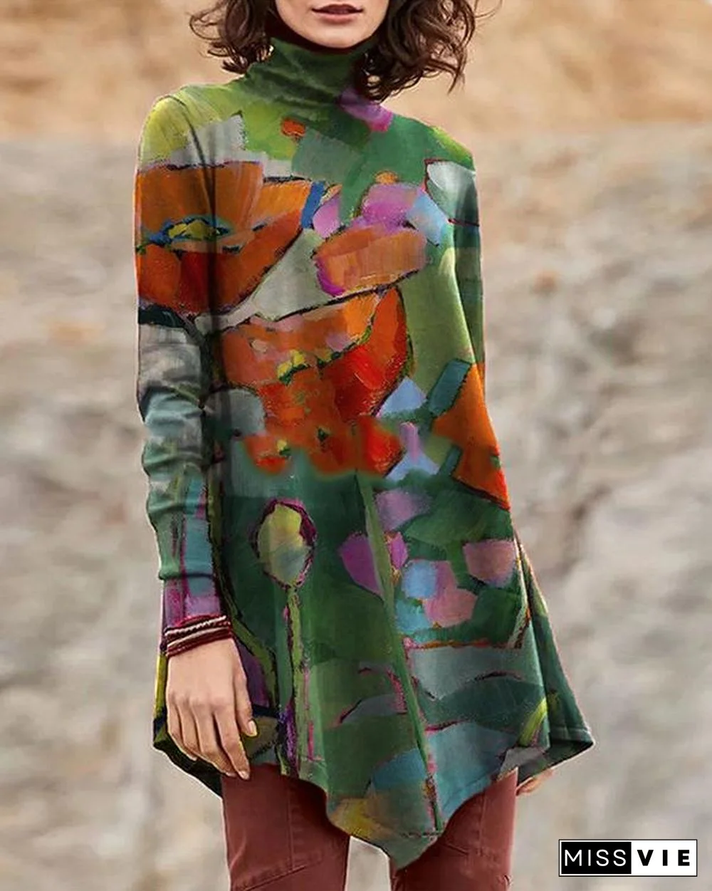 Vintage High Neck Oil Painting Print Irregular Long T-shirt for Women