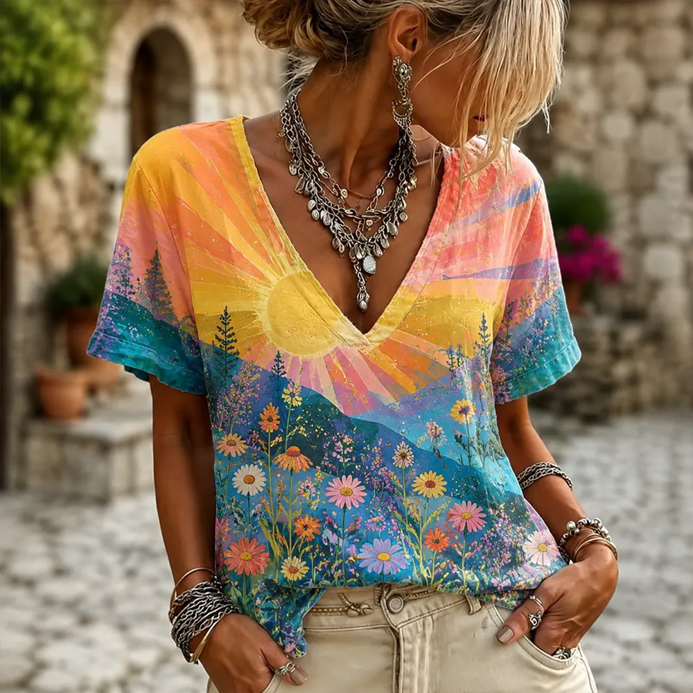 Comstylish Women's Short Sleeve V-neck T-shirt With Sunset, Mountain Landscape, And Wildflower Meadow Print