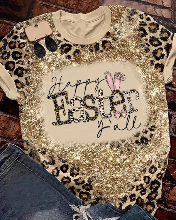 Happy Easter Y'all Bunny Leopard Print V Neck T-shirt