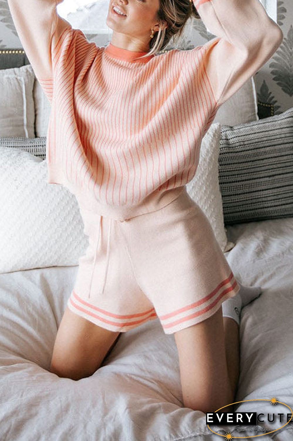 Gradient Stripe Puff Sleeve Sweater Shorts Set