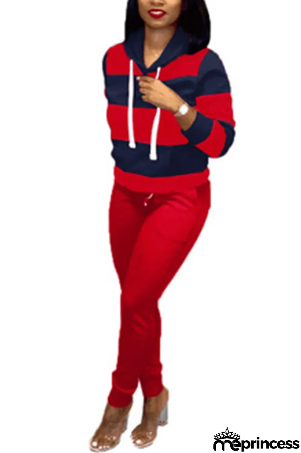 Red Polyester OL Striped Patchwork Print pencil Long Sleeve Two Pieces