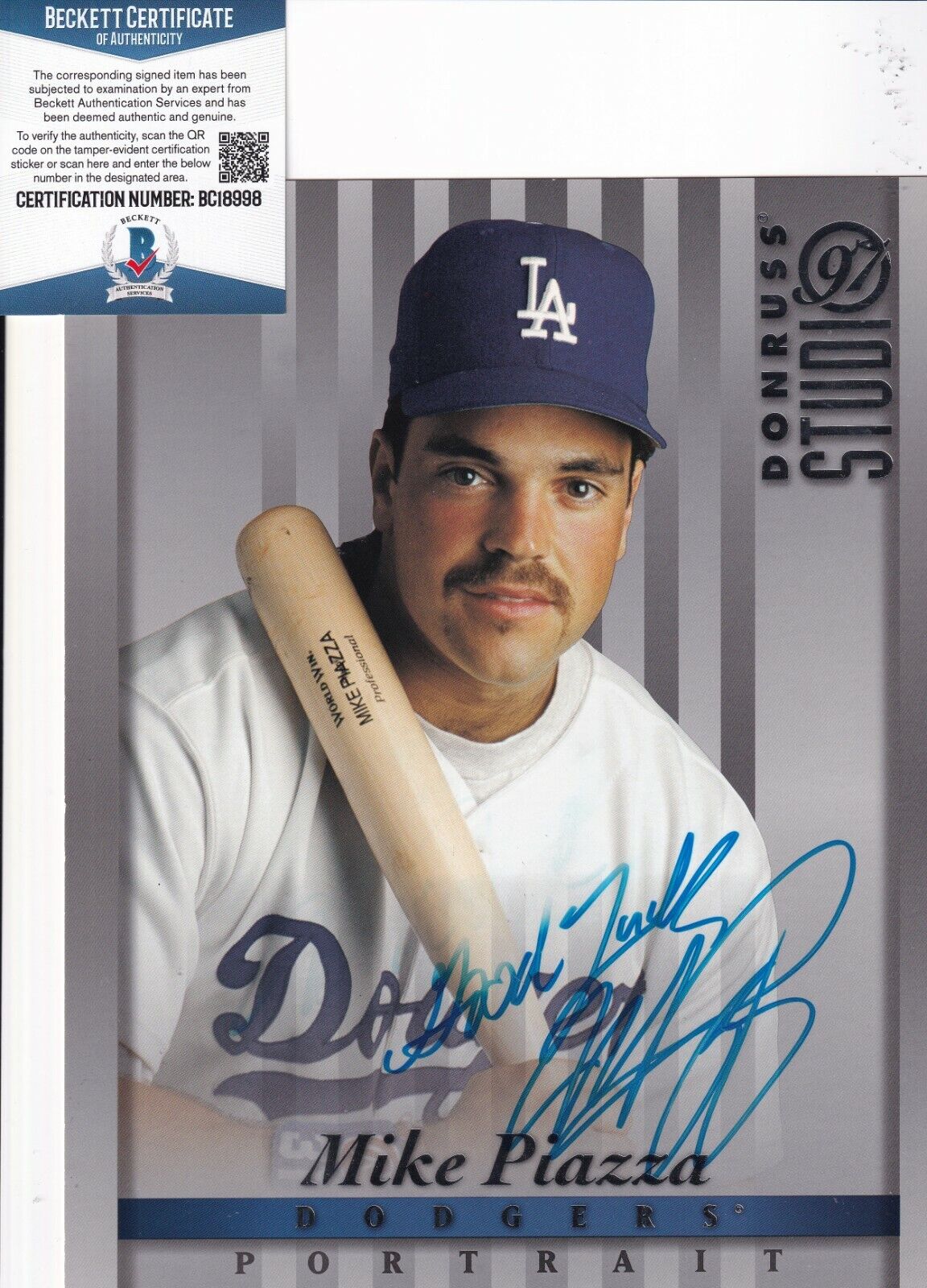 MIKE PIAZZA signed (1997 DONRUSS STUDIO) Dodgers 8X10 Photo Poster painting BECKETT BAS BC18998