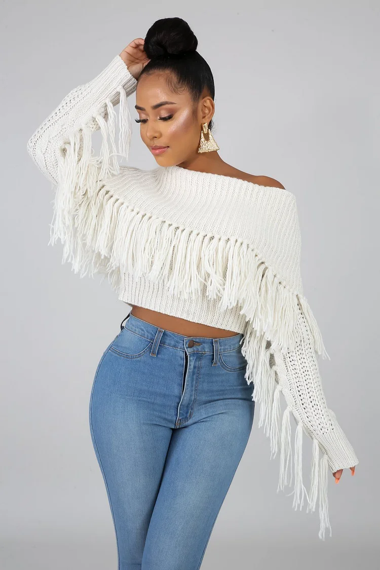 Knitted Ozzie Sweater Top Fringed Off Shoulder Tops