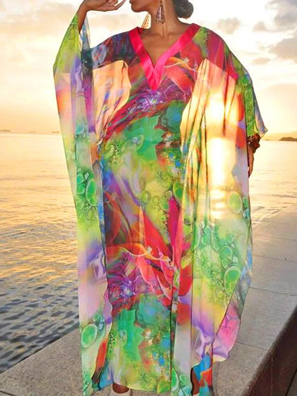 Batwing Sleeves Loose Printed See-Through Split-Joint V-Neck Cover-Ups Maxi Dresses