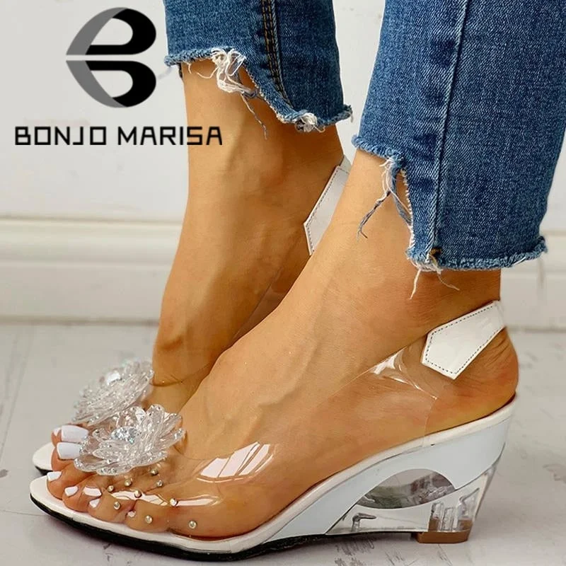 BONJOMARISA Large Size 34-43 Hot Sale INS Hot Transparent Flat Sandals Shoes Woman Elegant Flowers Wedges Sandals Women