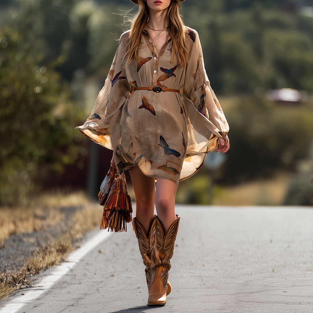 Women's Country Retro Style Butterfly Print Dress